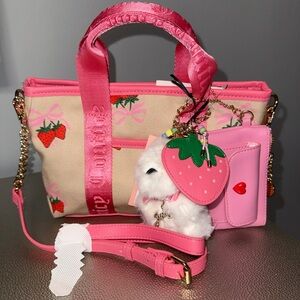 Juicy Couture Strawberry Print Mini Tote Crossbody Bag w/ Charm & Wallet – Pink